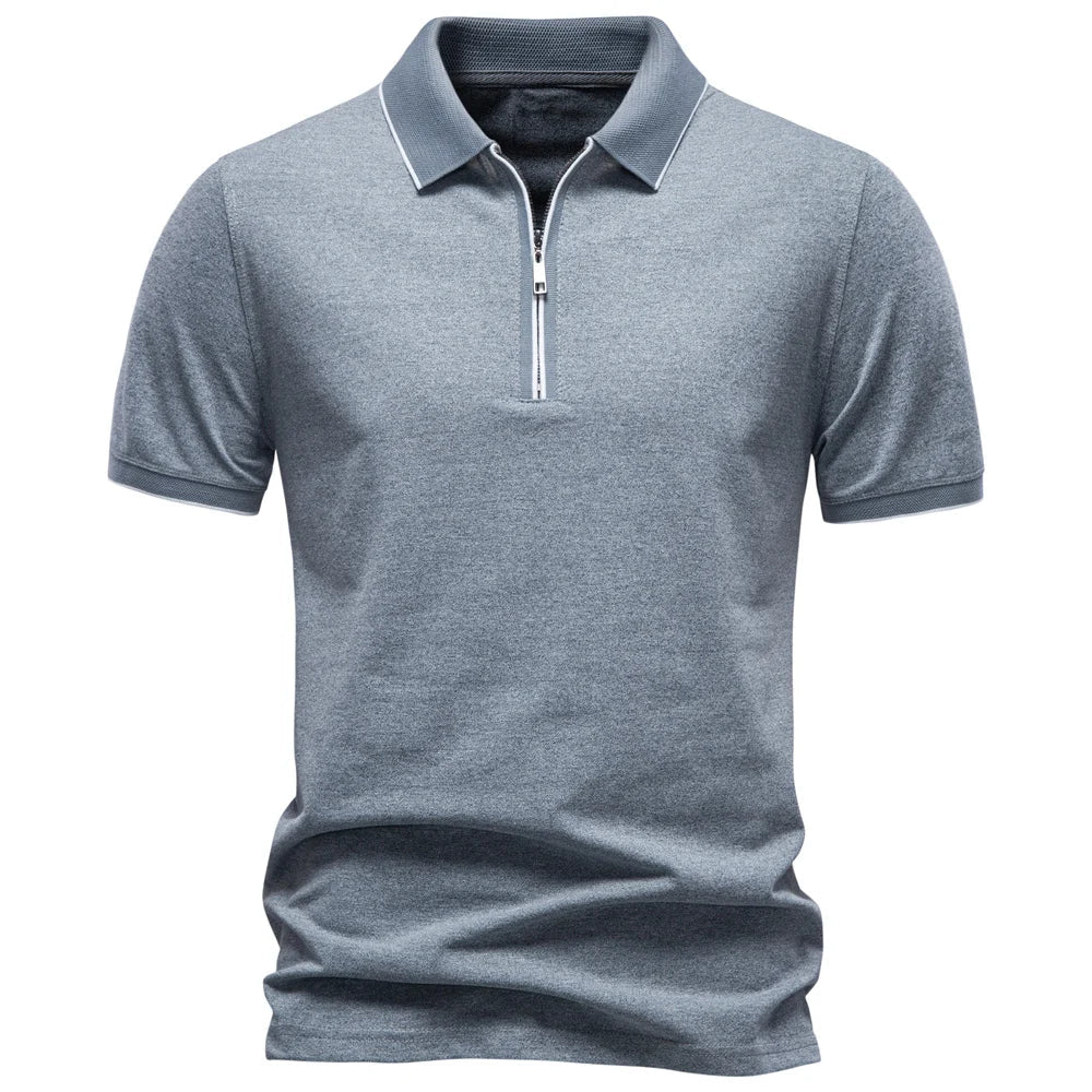 2026 Men's Cotton Blend Polo Shirts Short Sleeve Zippered Soft Breathable Lightweight Casual Solid Color Polo Shirt for Men