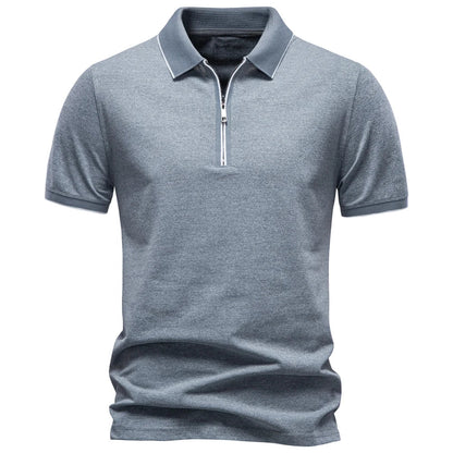 2026 Men's Cotton Blend Polo Shirts Short Sleeve Zippered Soft Breathable Lightweight Casual Solid Color Polo Shirt for Men