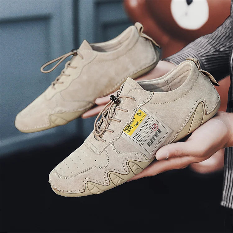 Men Lightweight Sneakers Non-slip Sole Stitch Genuine Solid Leather Shoes Outdoor Casual Walking Driving Flats Shoes