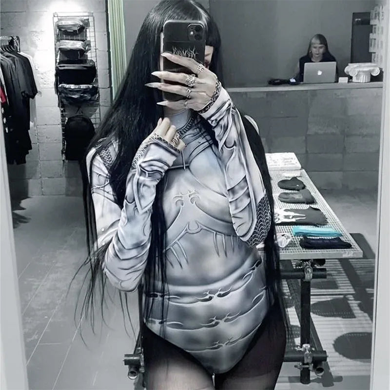 Printed Skinny Sexy Bodysuit Lingerie Gray One-pieces Bustier Long Sleeve Corset Top Streetwear Fashion Trends Women Clothing