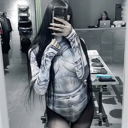 Printed Skinny Sexy Bodysuit Lingerie Gray One-pieces Bustier Long Sleeve Corset Top Streetwear Fashion Trends Women Clothing