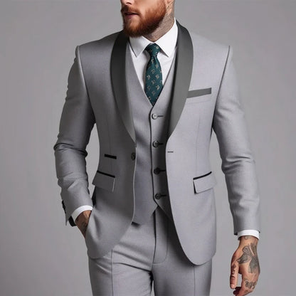 US Size Men Lapel Black Collar 3 Pcs Suit Set Coat Vest Trousers / Business Groom Wedding Dress Fprmal Blazer Pants Waistcoat