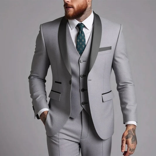 US Size Men Lapel Black Collar 3 Pcs Suit Set Coat Vest Trousers / Business Groom Wedding Dress Fprmal Blazer Pants Waistcoat