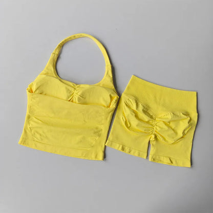 Seamless Halter Neck Yoga Wear Two Piece Women's Push up Sports Bra High Waist Tummy Control Butt Lift Fitness Shorts Set