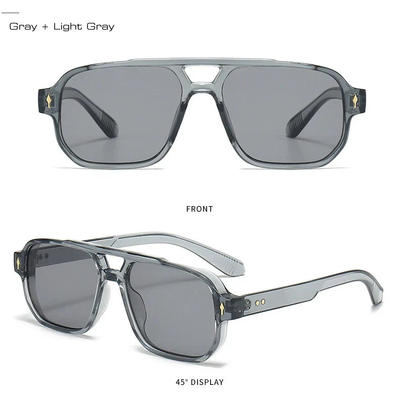 Vintage Double Bridges Men Square Sunglasses Fashion Clear Ocean Lens Eyewear Women Trending Rivets Sun Glasses UV400