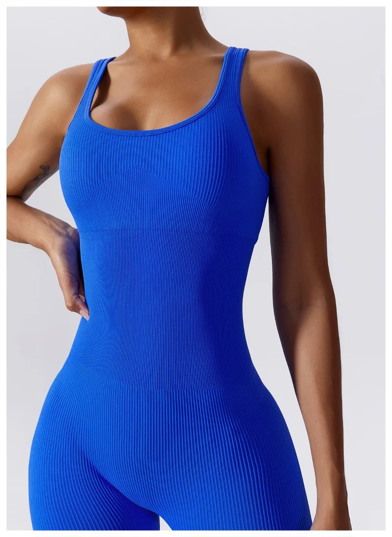 Women's Yoga Rompers One Piece Tummy Control Seamless Ribbed Jumpsuit Padded Sports Bra Workout Romper Fashion Fitness Sportwear