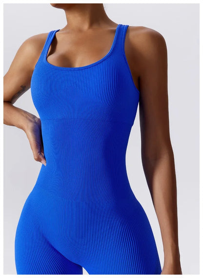 Women's Yoga Rompers One Piece Tummy Control Seamless Ribbed Jumpsuit Padded Sports Bra Workout Romper Fashion Fitness Sportwear
