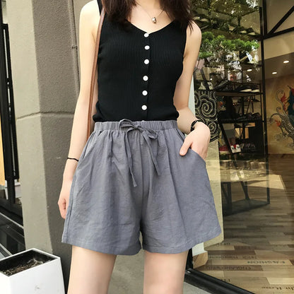 Casual Linen Shorts Women Gym Workout Shorts Cotton Shorts Summer Big Size Loose Home Beach Hot Lace Up Shorts