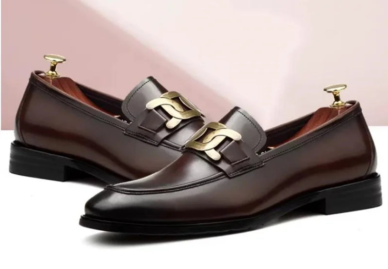Metal Buckle Leather Shoes For Men Luxury Slip-on Genuine Leather Business Formal Shoes Groom Wedding Shoes