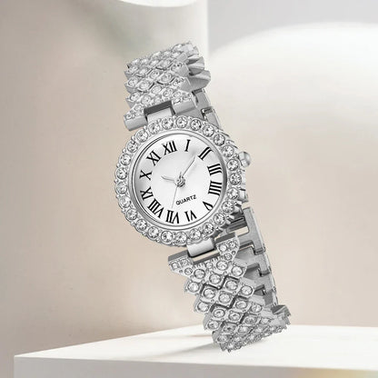 2-piece Ladies' Roman Scale Full Diamond Quartz Watch Heart Bracelet Accessory Set Suitable For Daily Wear