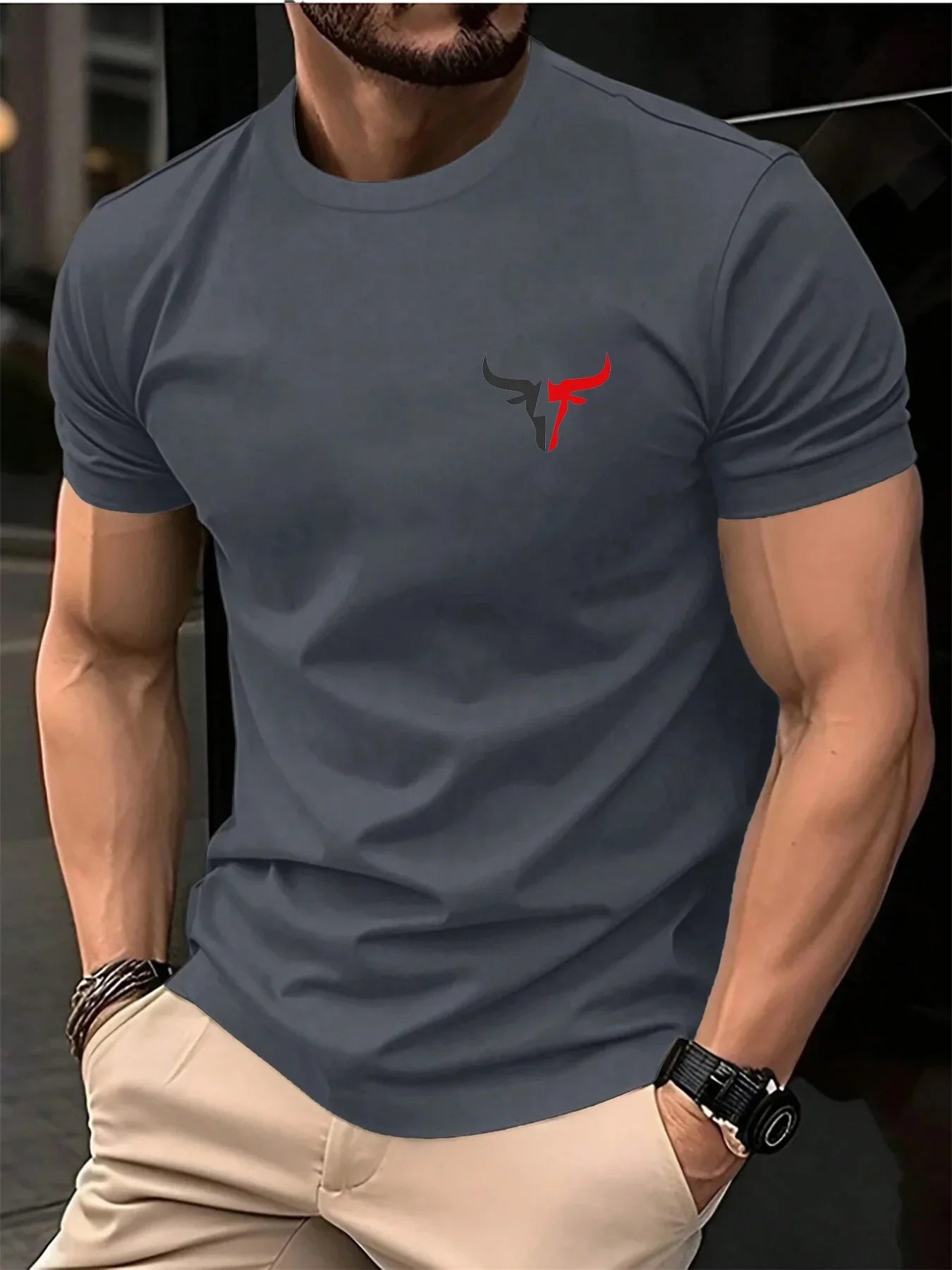 Summer men's 100 cotton casual loose plus size bull pattern printed sports comfortable round neck short sleeved T-shirt top
