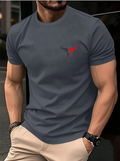 Summer men's 100 cotton casual loose plus size bull pattern printed sports comfortable round neck short sleeved T-shirt top