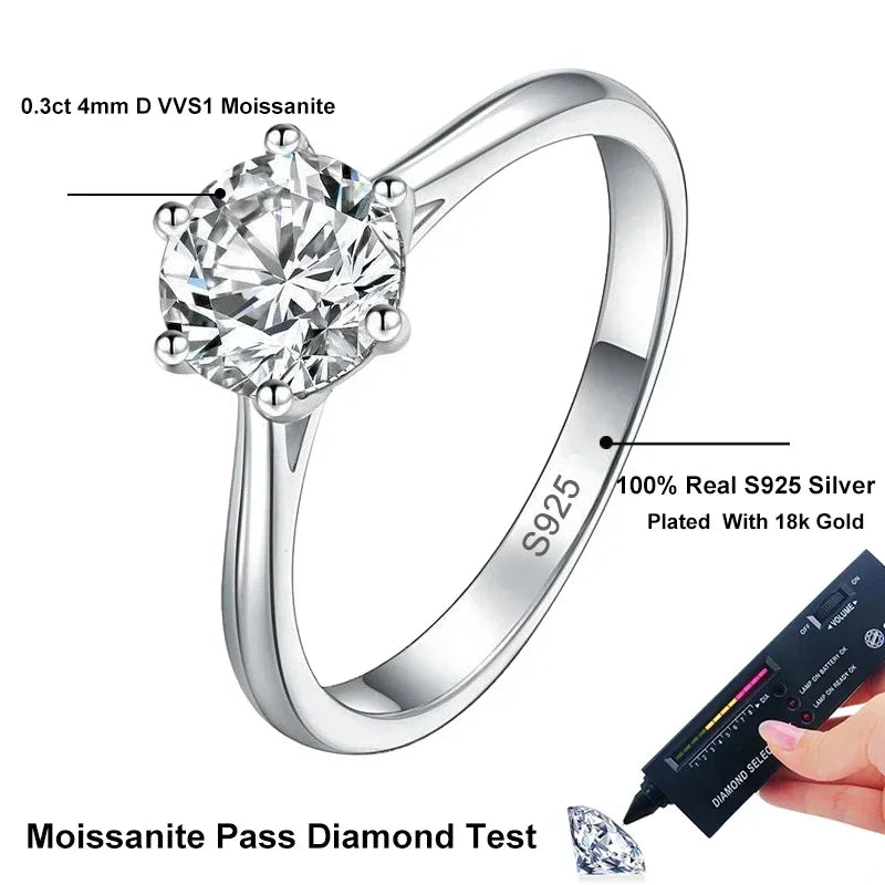 0.3ct 4mm Moissanite Diamond Ring for Women S925 Sterling Silver with Gold Plated Eternity Band Wedding Party Jewelry