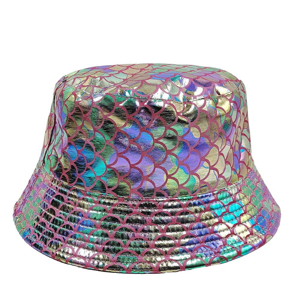 Colorful Shiny Leather Two Sided Fisherman Hat Women's and Men's Hip Hop Summer Sunshade Hat Foldable Bucket Hat