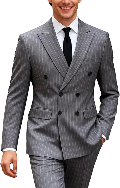 2pc Striped Double Breasted Men’s Suit Set(Jacket+Pants) Business Formal Man Suits Wedding Party Prom Dinner Work Travel Dinner
