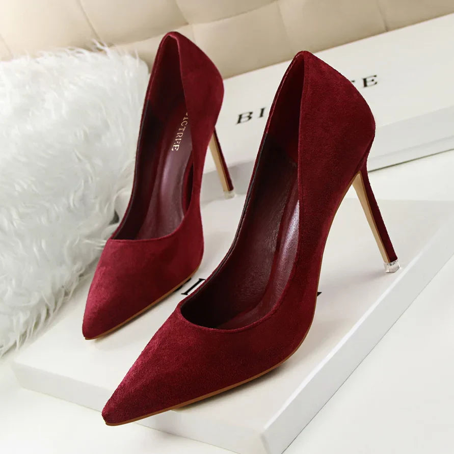 Women 9cm High Heels Yellow Burgundy Pumps Plus Size Stripper Suede Escarpins Lady Wedding Bridal Scarpins Green Blue Prom Shoes