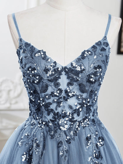 Mini Cocktail Dress Sequin Appliques V-Neck Backless Spaghetti Strap Gowns Pleated Tulle A-Line Homecoming Dresses