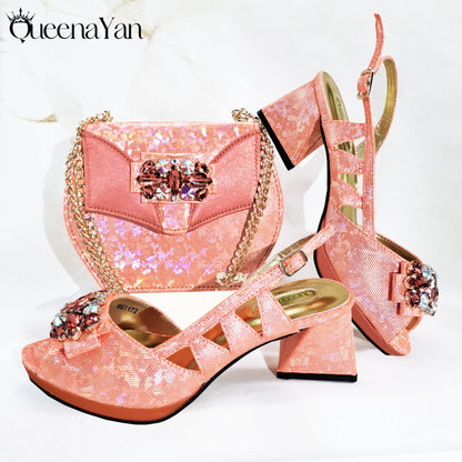 Special Synthetic Fabrics Design Teal Color Women's Matching Shoe and Bag Set  for Weddings and Parties