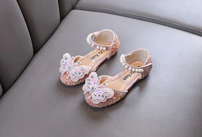 Kids Sandals for Girls Rhinestone Butterfly Elegant Versatile Children's Summer Sandals Soft Bottom Princess Fashion Flat Shoes