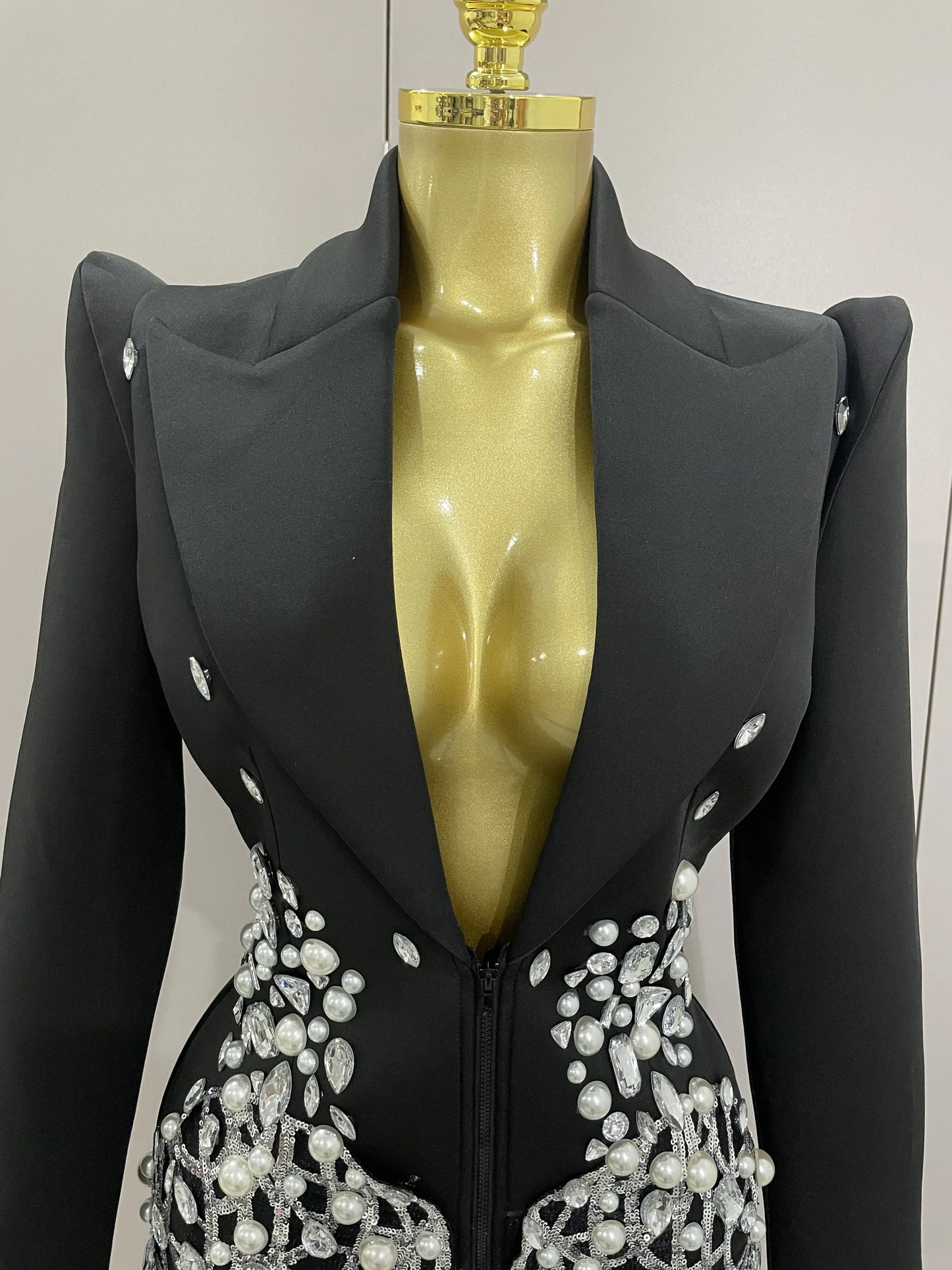Crystal Chains Pearls Long Sleeve Mini Dress 2025 Women Birthday Evening Party Nightclub Outfit Singer Wedding Costume