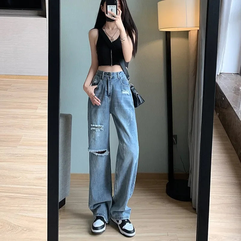 High-waisted Slimming Petite Jeans Women's Loose-fit Summer Vintage Wide-leg Trousers Torn-up Draped Style Casual Pants