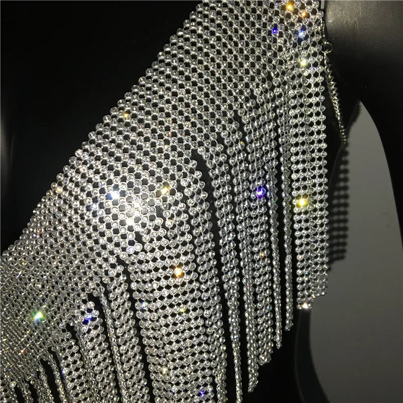 Bling Rhinestones Tassel Party Crop Top Woman Fashion Halter Neck Backless Design Full Diamond Sequins Nightclub Clubwear