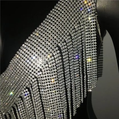 Bling Rhinestones Tassel Party Crop Top Woman Fashion Halter Neck Backless Design Full Diamond Sequins Nightclub Clubwear