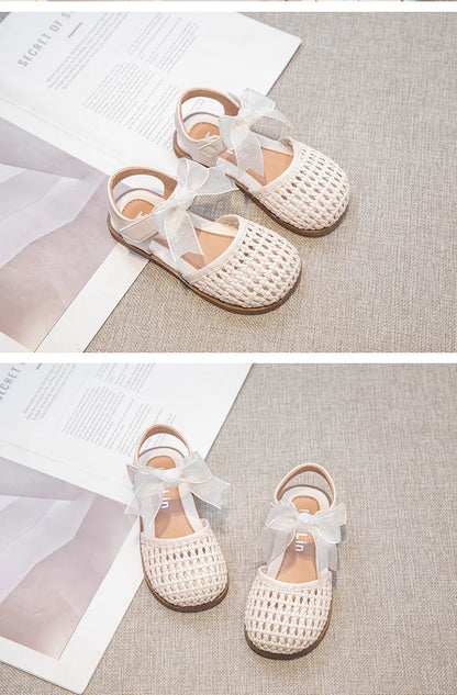 Children's Sandals Summer New Elegant Girls Princess Shoes Woven Style Beach Causal Kids Flat Sandals Solid Color Versatile