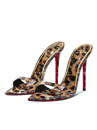 2025 New Leopard Pattern Pointed High Heels for Women, Ultra fine Heels, Slippers with Bare Toes, Half Dragged, Simple Sandals