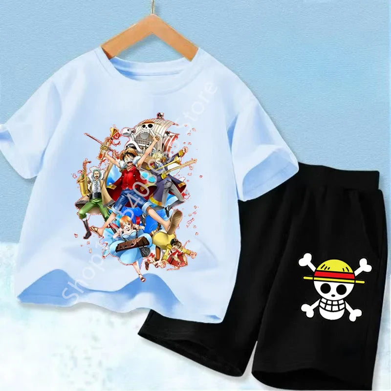 Summer Short Sleeve Clothes Set Anime Boy Girl T Shirt Shorts 2pcs One Piece Kids Outfit Chopper Luffy Tracksuit Suit Children