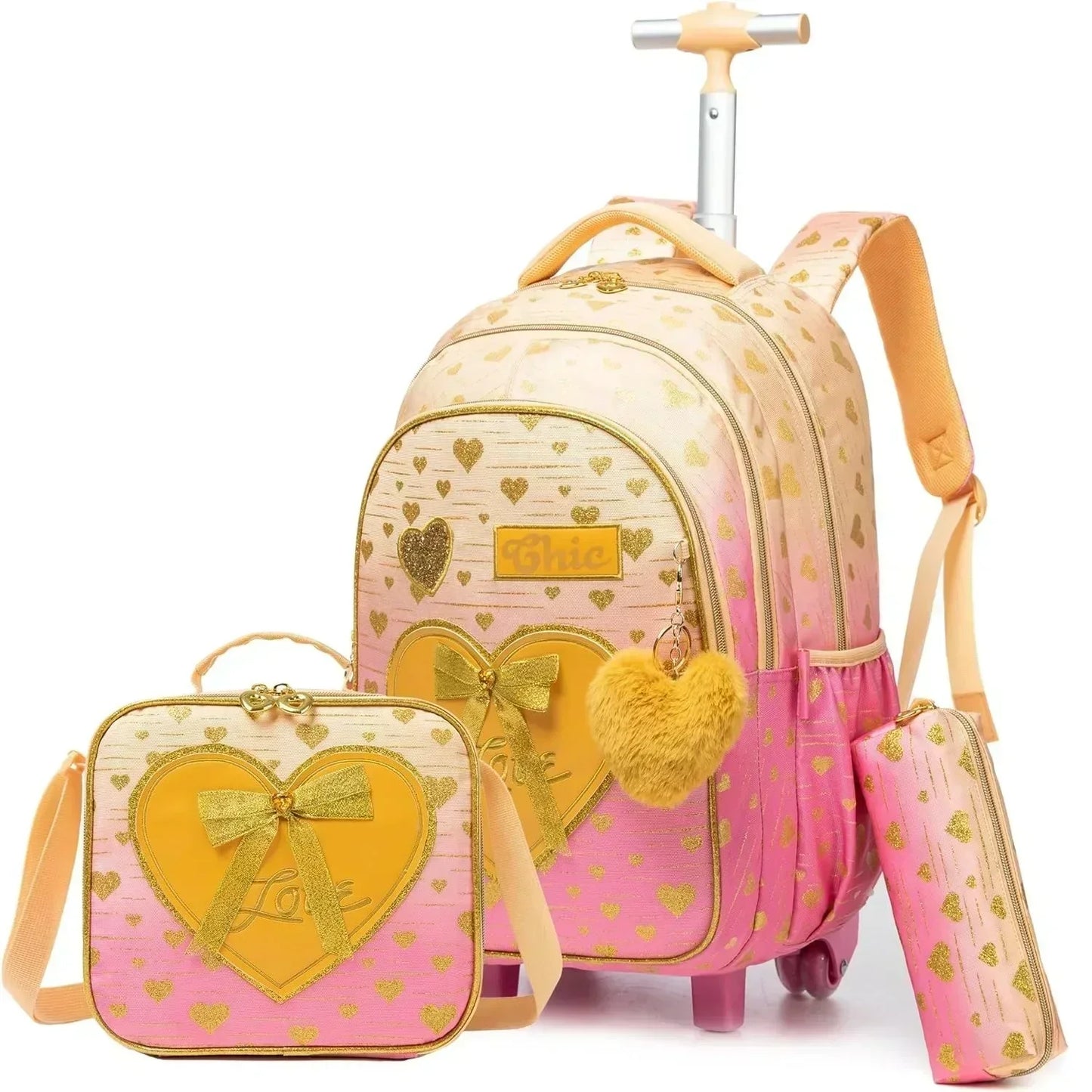Children's Wheeled Backpack Bag Set with Lunch Box School Rolling Backpack Bag with Wheels School Trolley Backpack Bag for Girls