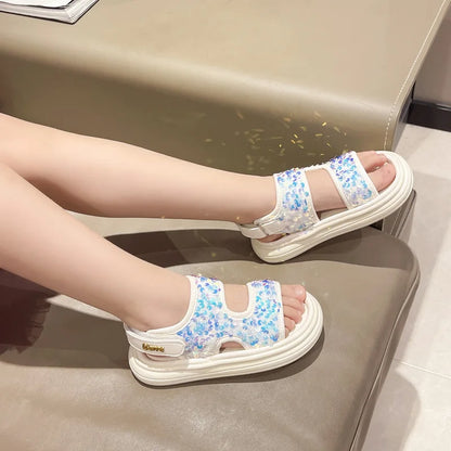 Summer Children's Sandals Sequins Thick Soled Girls Causal Princess Open-toe Sandals Fashion Non-slip Kids Beach Shoes Versatile