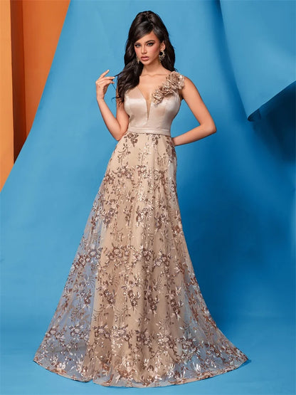 Vestido de Festa Elegante Dourado Floral com Decote em V Longo 2024 Luxo Feminino Chiffon sem Mangas para Baile Coquetel