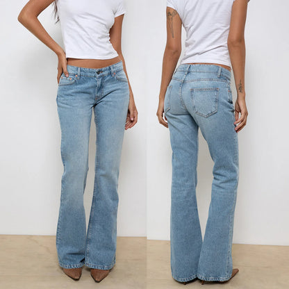 Women Y2K Aesthetic Flare Jeans Zipper Button Low Waist Streetwear
