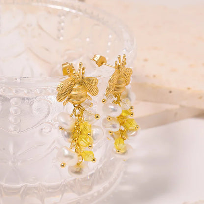 Bee And  With Natural Pearls Pearl Earrings 18K Gold Plated Jewelry Korean Designer Jewelry Earrings Gifts For Girlfriend