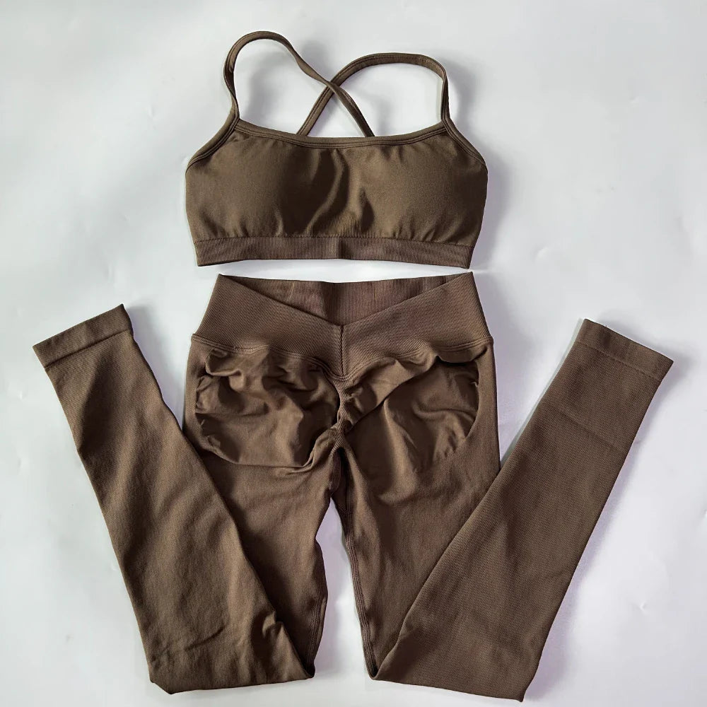 2 Pieces Gym Set For Women Clothes Seamless Scrunch Yoga Leggings Set Backless Sports Bra Fitness Workout Top Yoga Set Outfits