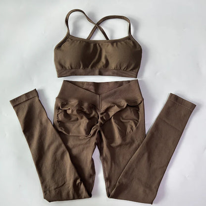 2 Pieces Gym Set For Women Clothes Seamless Scrunch Yoga Leggings Set Backless Sports Bra Fitness Workout Top Yoga Set Outfits