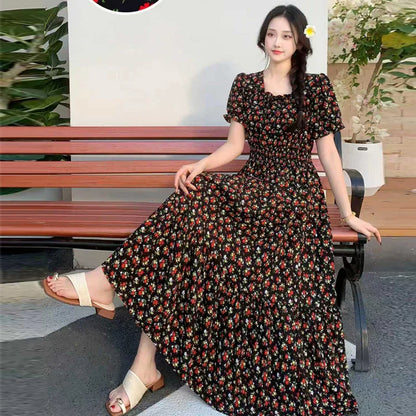 Summer New Cotton Silk Floral Print Maxi Dr ort Sve Beachwear High Waist Young Women's Large Skirt Swing Dr