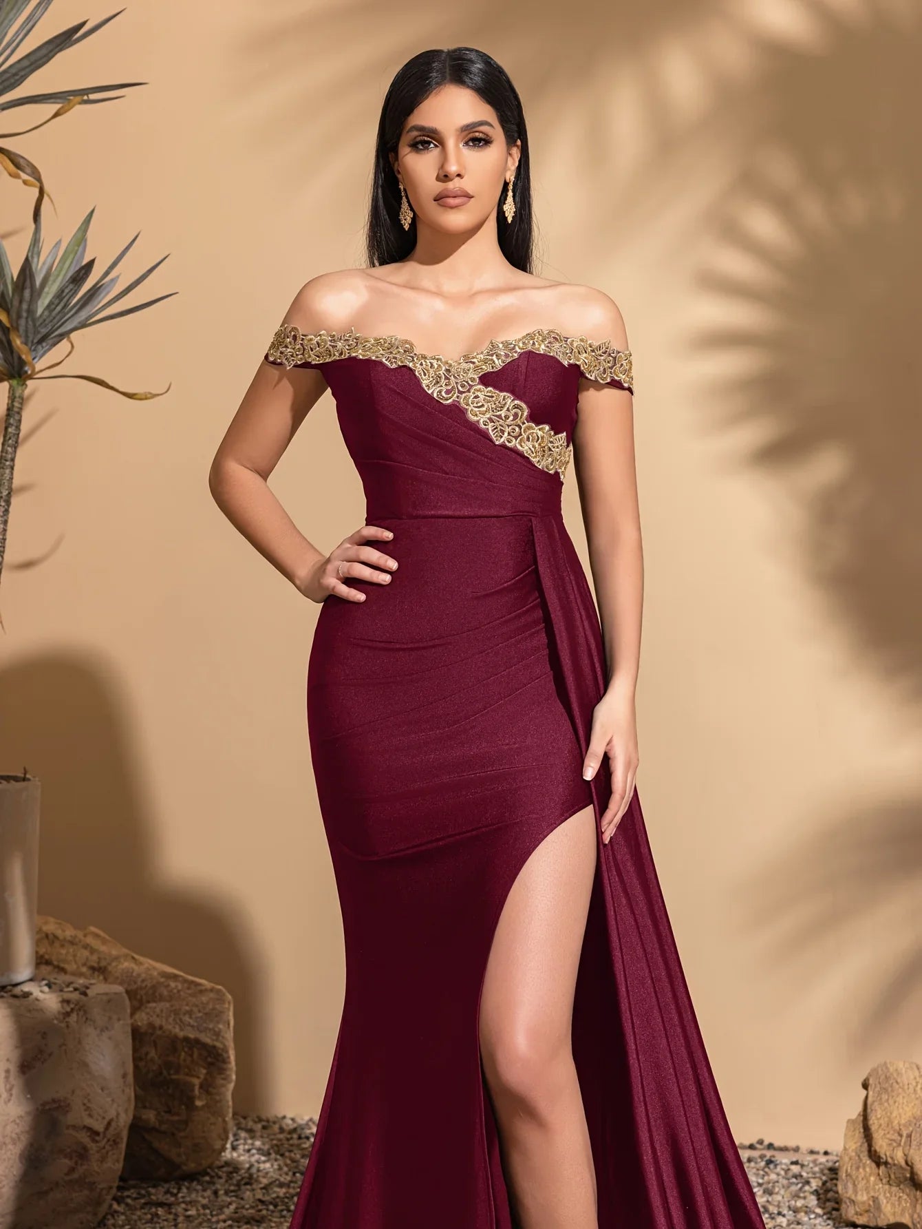 Off-the-shoulder lace neckline, pleated waist and side ribbon slit dress