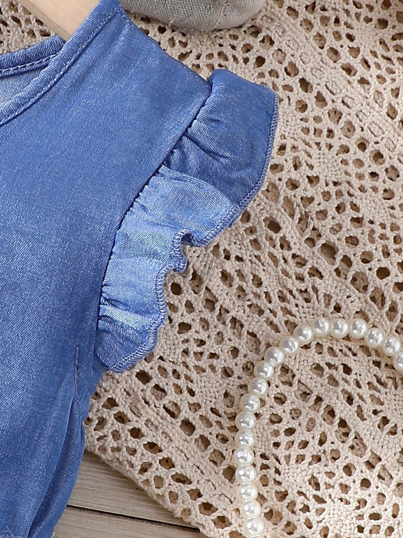 Vestido de Verão de Tela para Meninas, Jeans Falso, Gola Redonda com Babados, Carcela Falsa de Renda Bordada, Praia, Férias, Festa, Presente