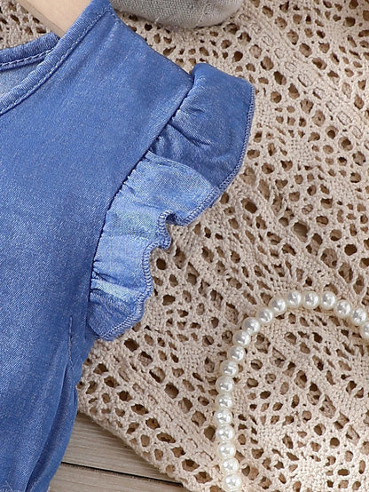 Vestido de Verão de Tela para Meninas, Jeans Falso, Gola Redonda com Babados, Carcela Falsa de Renda Bordada, Praia, Férias, Festa, Presente