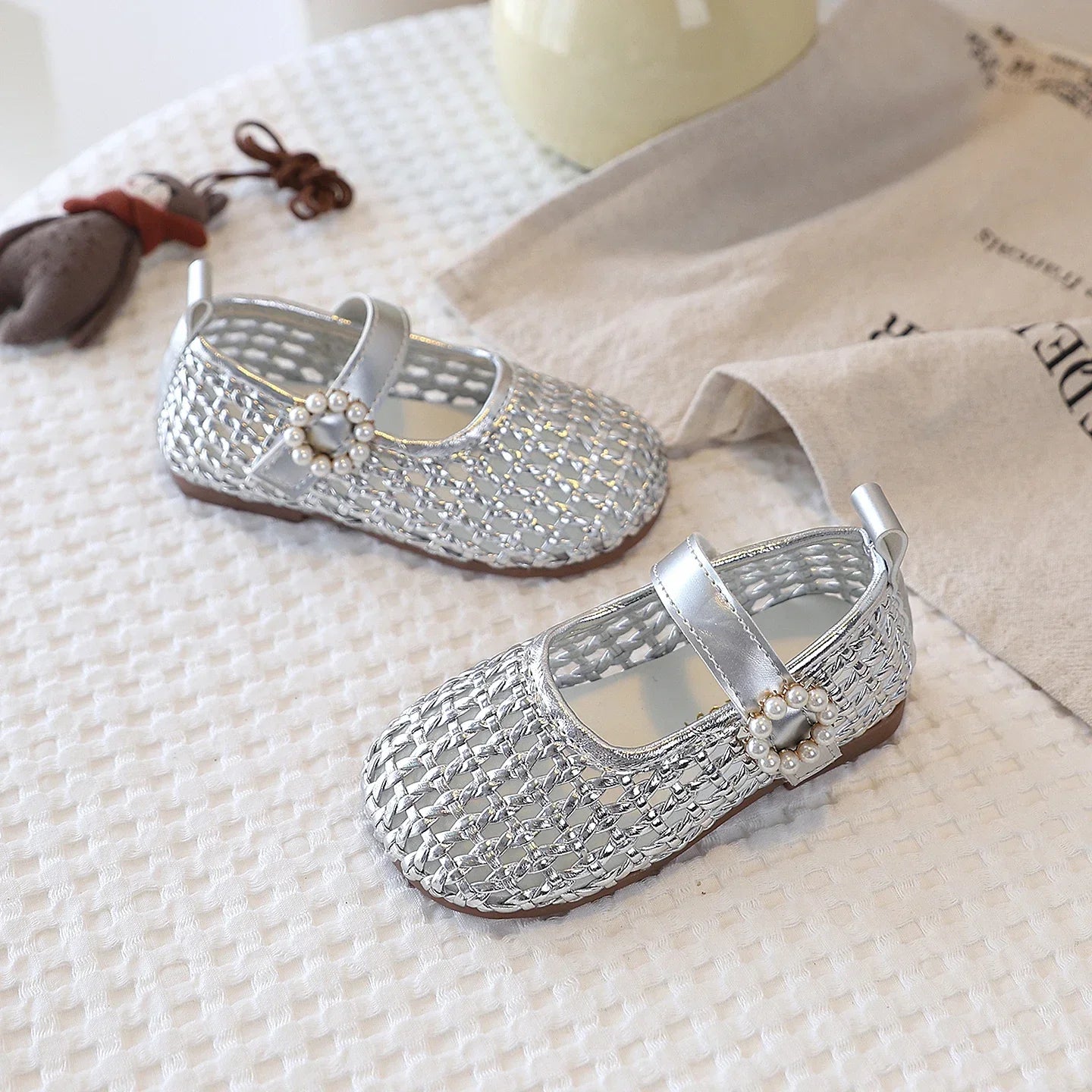 Spring Girl's Sandals Braided Pearl Hook-loop Chic Kid's Flat Shoe Solid Colors Anti-slip Casual Versatile Children Shoes 4-6Y