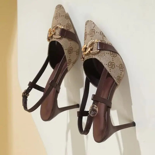 2025 Women's Fashion Baotou Sandals Spring New Pointed Head Shallow Mouth Metal Buckle Anti-slip Wear-resistant High Heels