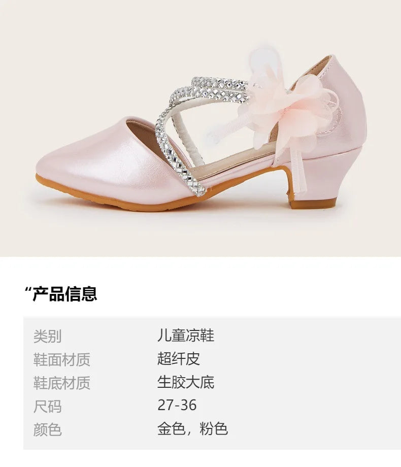 2025 Summer New Fashion Flower Girls' Princess Shoes Crystal Performance Children's Sandals Pointed Toe Children's High Heels