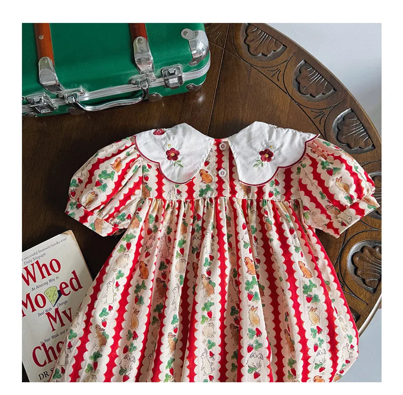 Kid Girl Adorable Short Sleeve Dress Red White Vertical Stripes Bunny Strawberry Print Peter Pan Collar Skirt for Children
