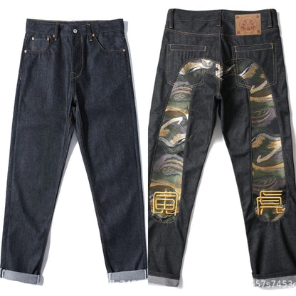 Men's Japanese Handmade Embroidered Jeans Pure Cotton Straight Tube Hip-Hop Popular Slim Red Ears Show Thin Trousers Devil Black