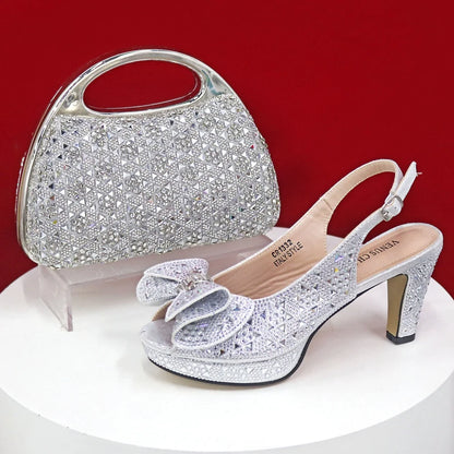 Style Dark Green Color Rhinestone Elegant High Heels Nigeria Popular Design African Ladies Shoes And Bag Set