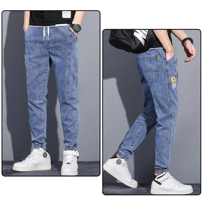 Men Jeans Elastic Tie Up Harem Denim Pants Male Bound Feet Designer Cargo Joggers Denim Trousers Daily Narrow Leg Casual Jeans