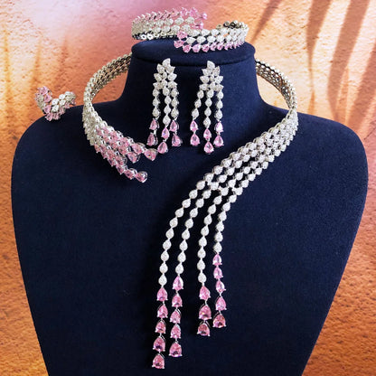 Trendy 4PCS Luxury Turquoise Statement Jewelry Sets For Women Wedding Cubic Zircon Indian African Dubai Bridal Necklace