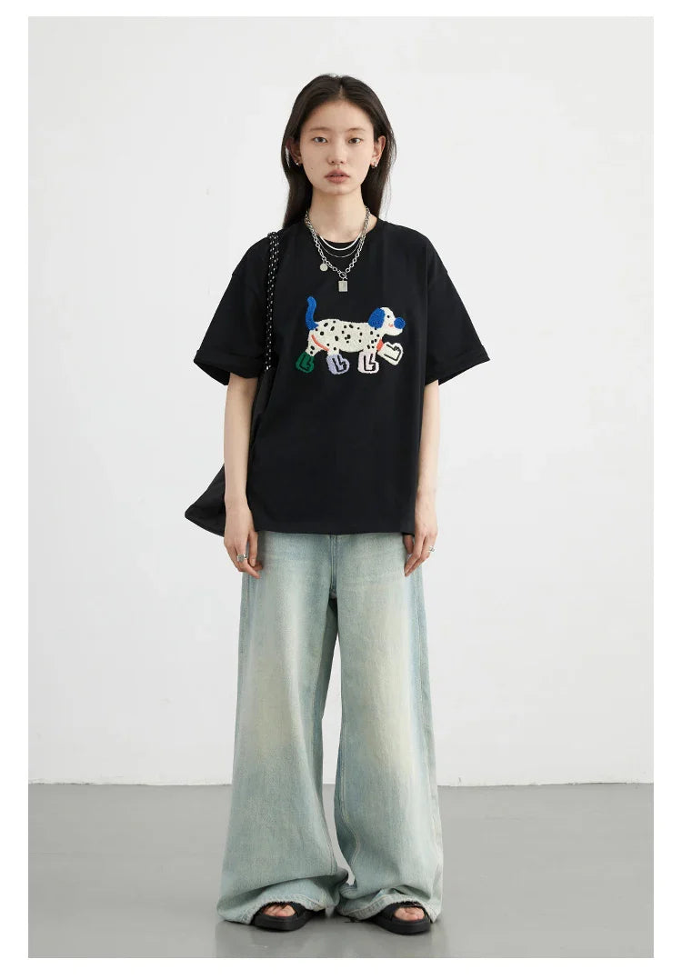 CHIC VEN Camisetas Femininas Soltas Streetwear Unissex Divertido Cão Bordado Manga Curta Algodão Blusas Menina Femininas Verão 2025
